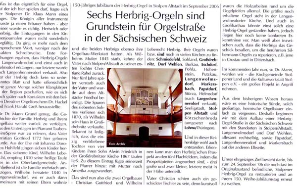 Sechs Herbrig-Orgeln sind Grundstein fr Orgelstrae in der Schsischen Schweiz